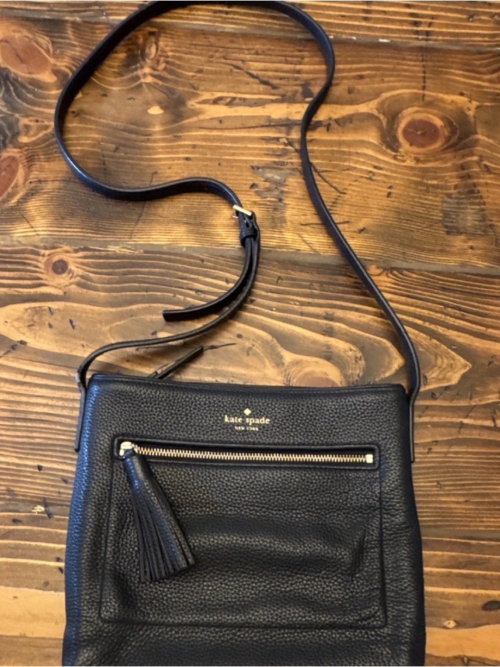 Vintage Kate Spade  Black Pebbled Crossbody Bag Tassel Zip, Gold Hardware